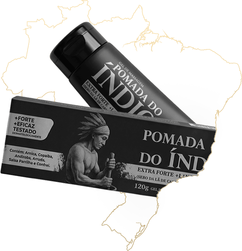 Mapa do Brasil contornado em dourado, com a caixa e a bisnaga da Pomada do Índio sobrepostas