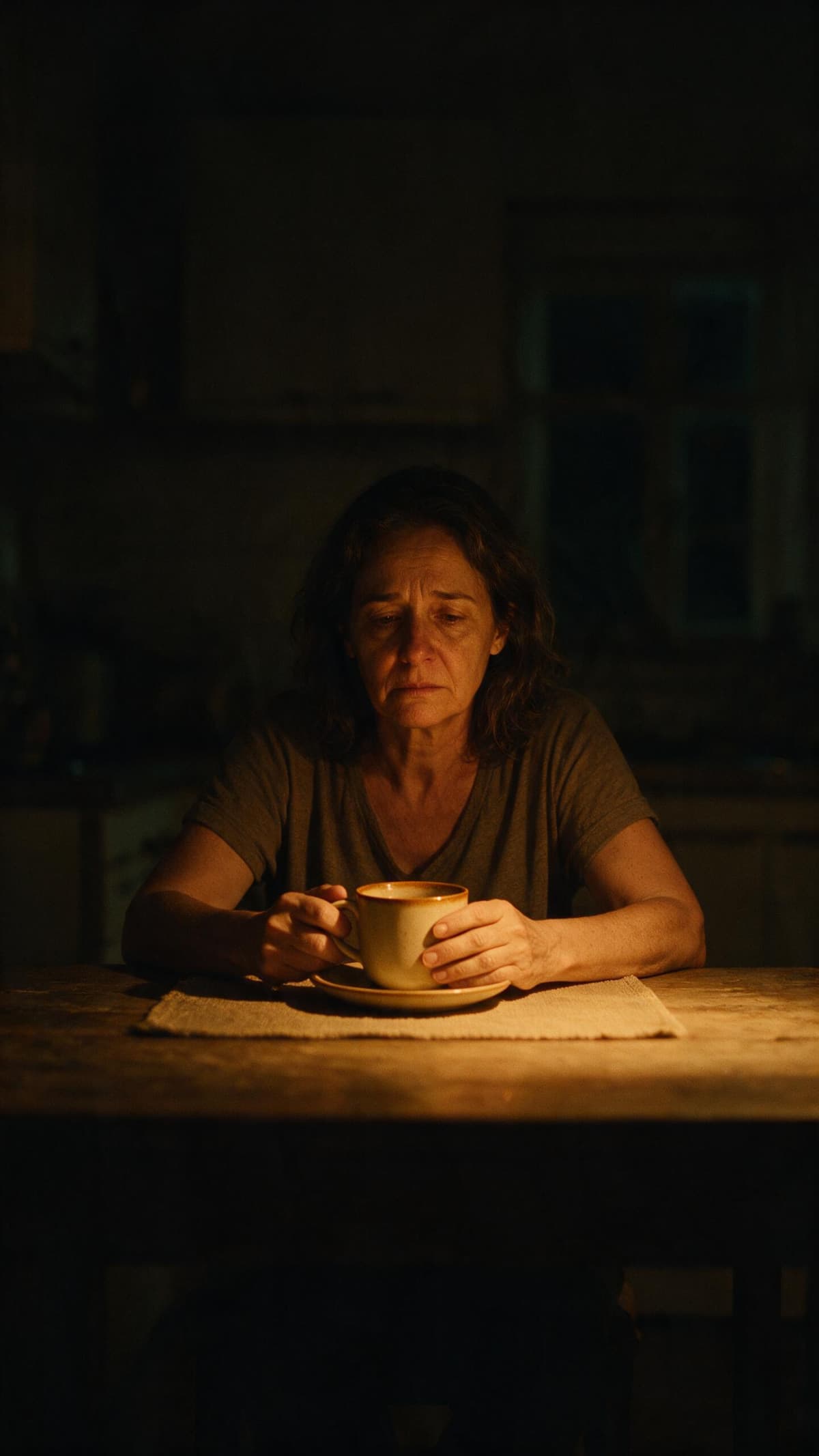 Mulher sozinha à mesa da cozinha à noite, com as mãos na xícara